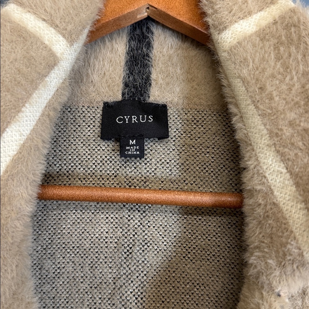 Anthro Teddy Coat Beige Plaid Fuzzy Jacket Cozy Longline Windowpane M - Picture 5 of 7